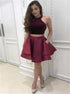 Burgundy Two Pieces Halter Satin Short Prom Dress with Pockets LBQ1784